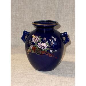 Vintage Sophia-Ann Cobalt Blue Porcelain Vase Cherry Blossom Artmark Japanese